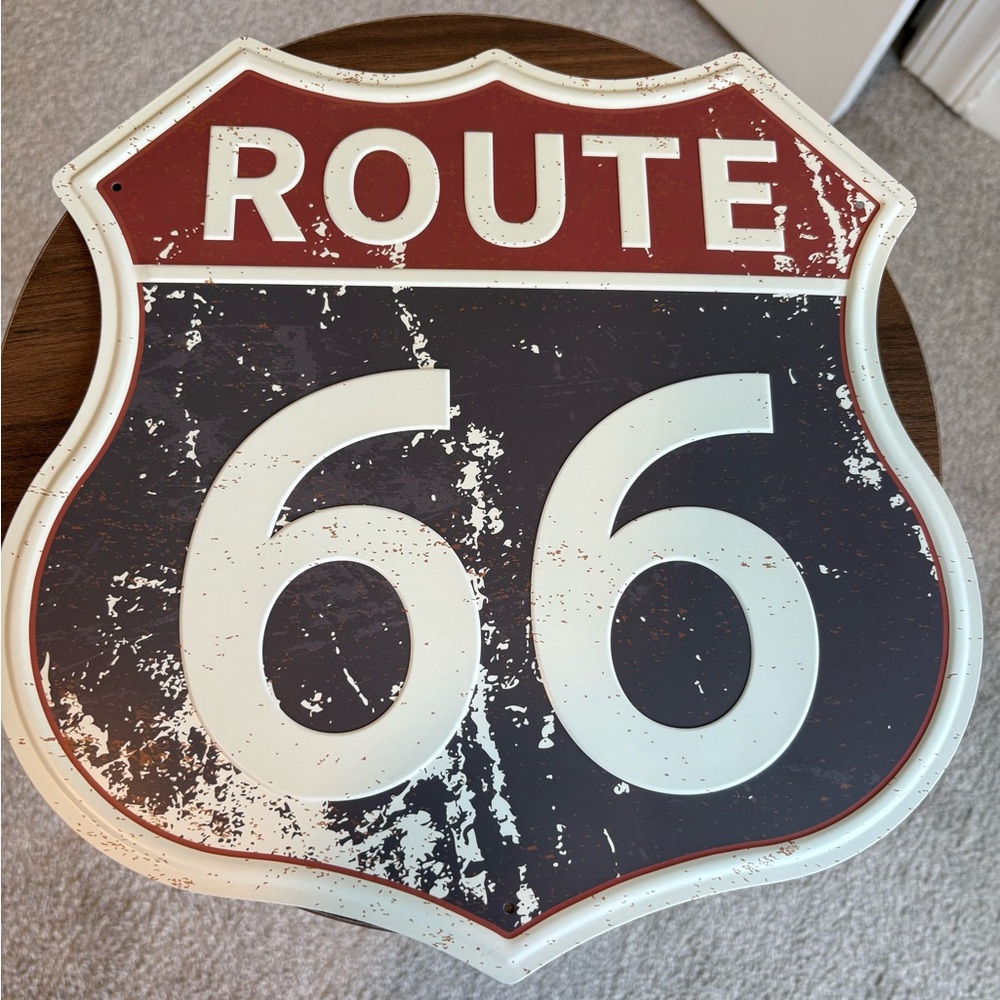 Route 66 Embossed Metal Shield Sign Distressed Wall Decor Man Cave, Garage